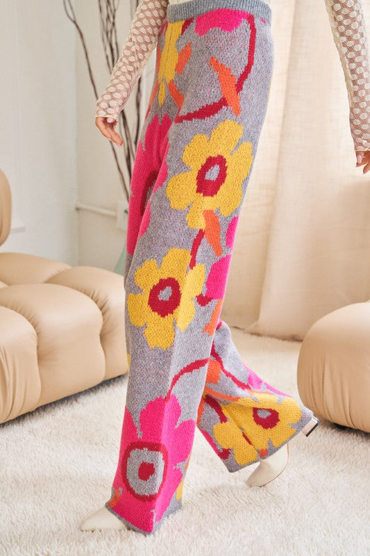 Flower Printed Casual Cozy Wide-Leg Pants