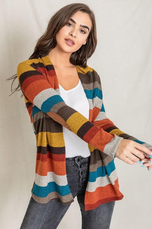 Stripe Elbow Patch Cardigan | Stylish Women's Casual Outerwear - Pink Whimsy Boutique