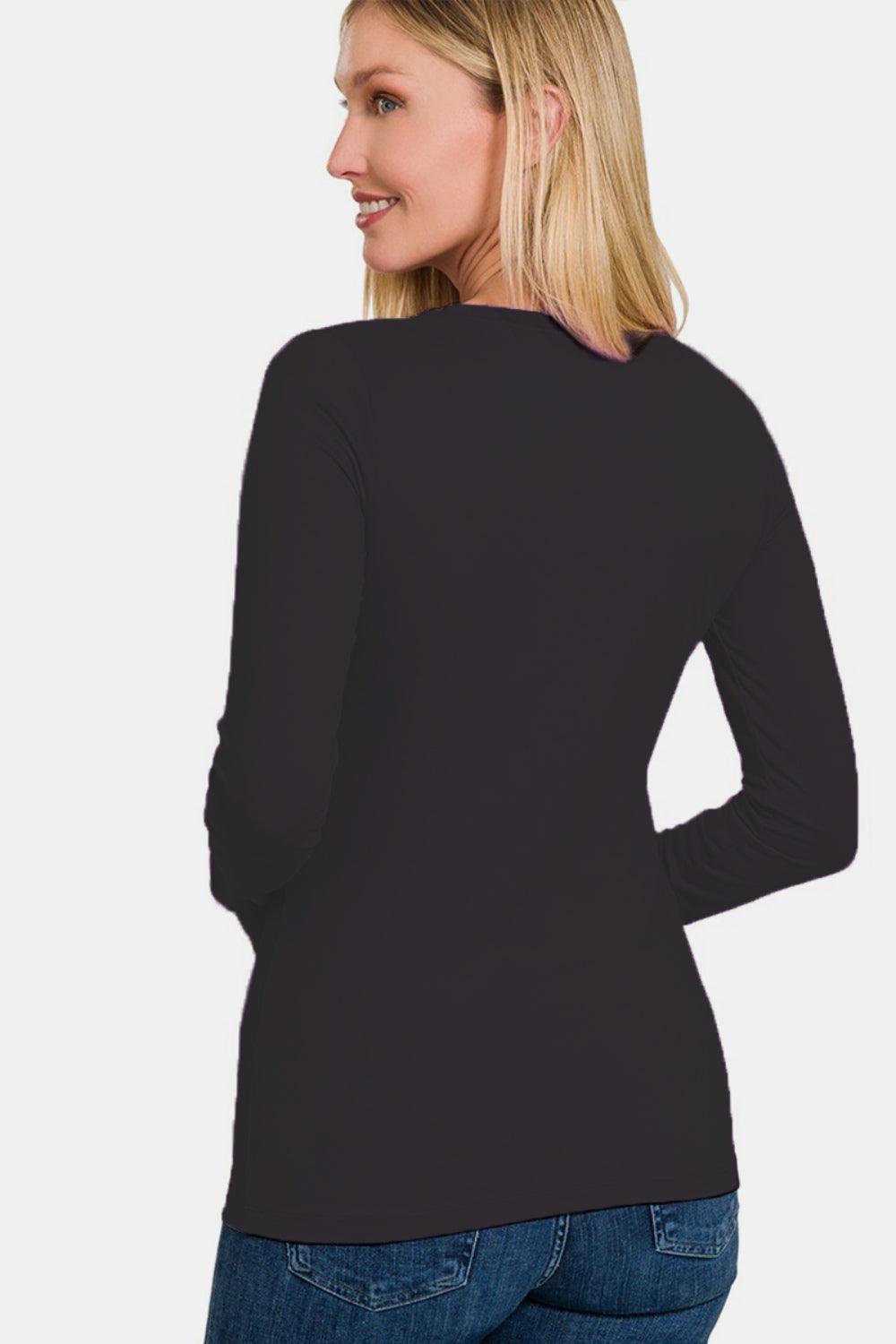 Black Brushed Microfiber Long Sleeve Round Neck T-Shirt | Comfortable Women's Basic Top - Pink Whimsy Boutique