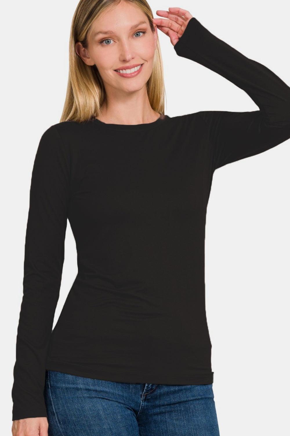 Black Brushed Microfiber Long Sleeve Round Neck T-Shirt | Comfortable Women's Basic Top - Pink Whimsy Boutique