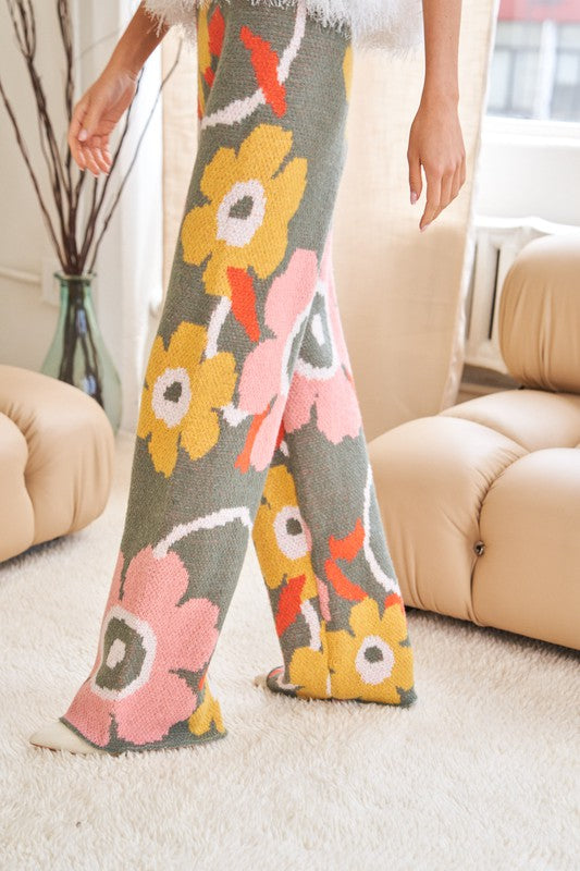 Flower Printed Casual Cozy Wide-Leg Pants