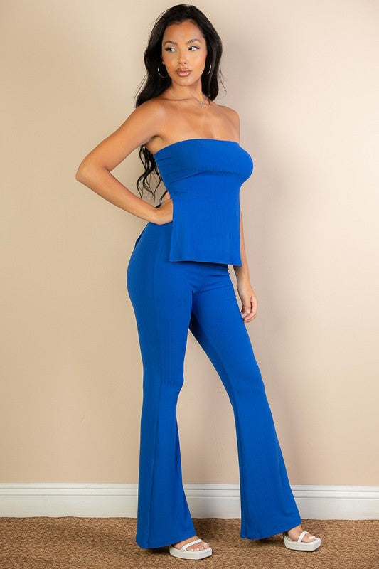 Ribbed Side Slit Bandeau Top &amp; Flare Pants Set