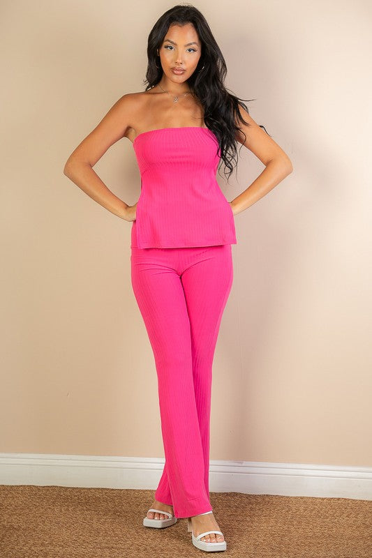 Ribbed Side Slit Bandeau Top &amp; Flare Pants Set