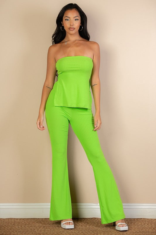 Ribbed Side Slit Bandeau Top &amp; Flare Pants Set