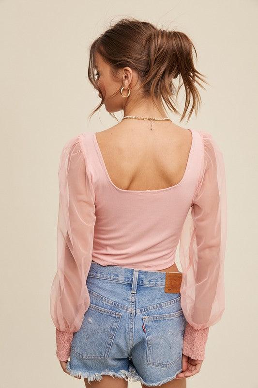 Square Neck Mesh Puff Sleeve Knit Top - Pink Whimsy Boutique 