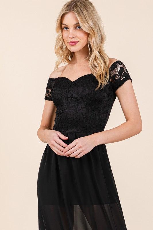 Off Shoulder Lace Top with Chiffon Skirt Dress | Elegant Women's Fully Lined Dress - Pink Whimsy Boutique 