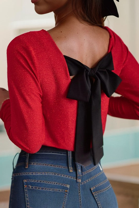 Sweet Bowknot Backless V-Neck Long Sleeve Top