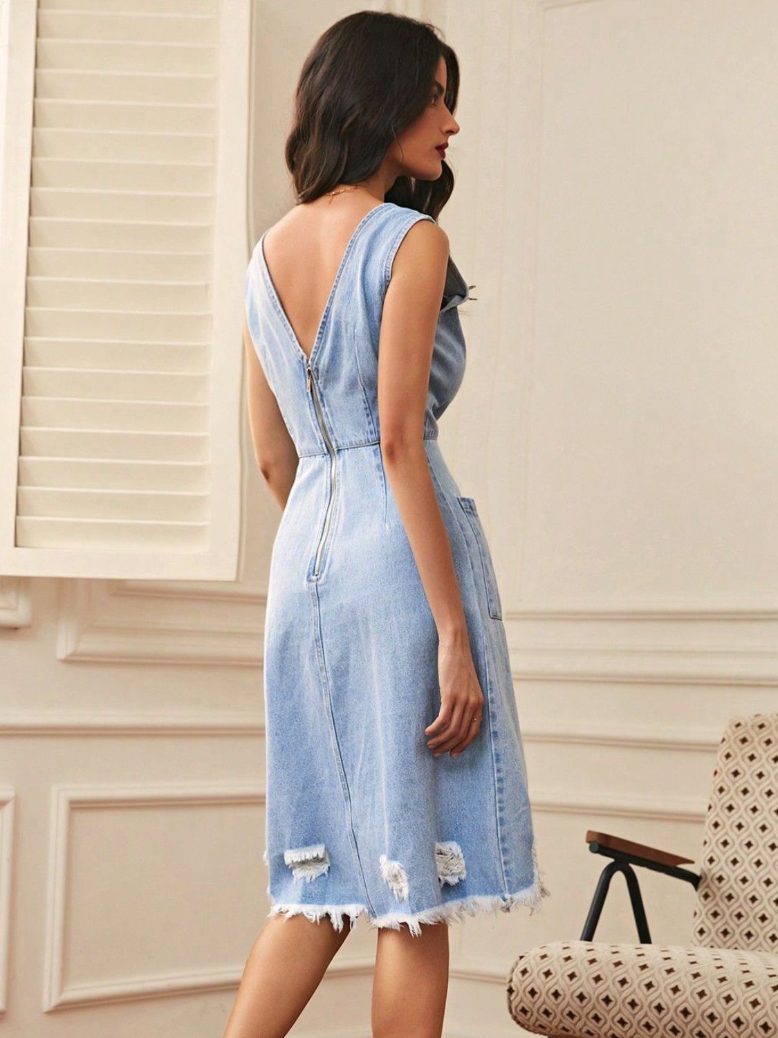 Denim Dream: Distressed Raw Hem V-Neck Dress