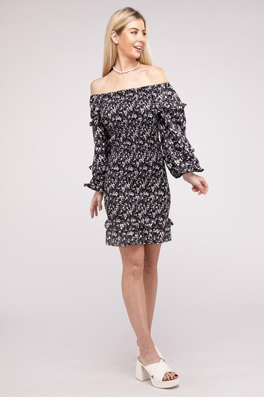 Floral Print Square Neck Dress_Black