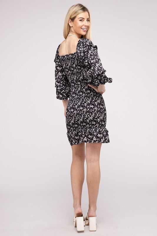 Floral Print Square Neck Dress_Black