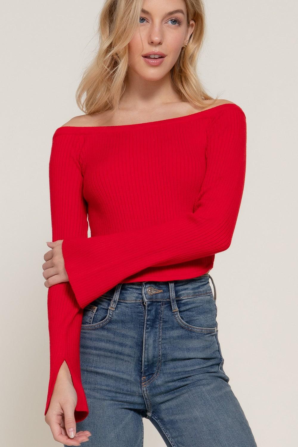 Sultry Flair Off-the-Shoulder Corset Sweater_Red