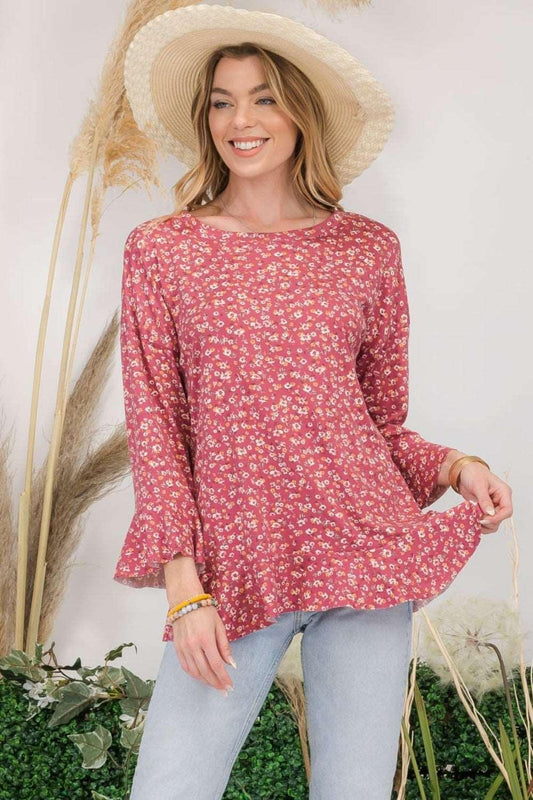 Mauve Floral Ruffle Detail Top | Feminine Women's Casual Blouse - Pink Whimsy Boutique 